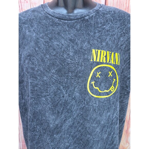 Nirvana Washed Black T-Shirt Large Yellow Smiley Logo Graphic Design - Picture 3 of 7